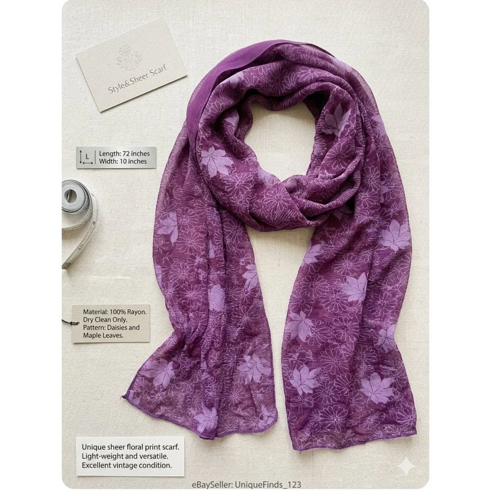 Style&Sheer Scarf Purple Floral Daisy Maple Leaf Sheer Rayon Vintage Wrap 72x10